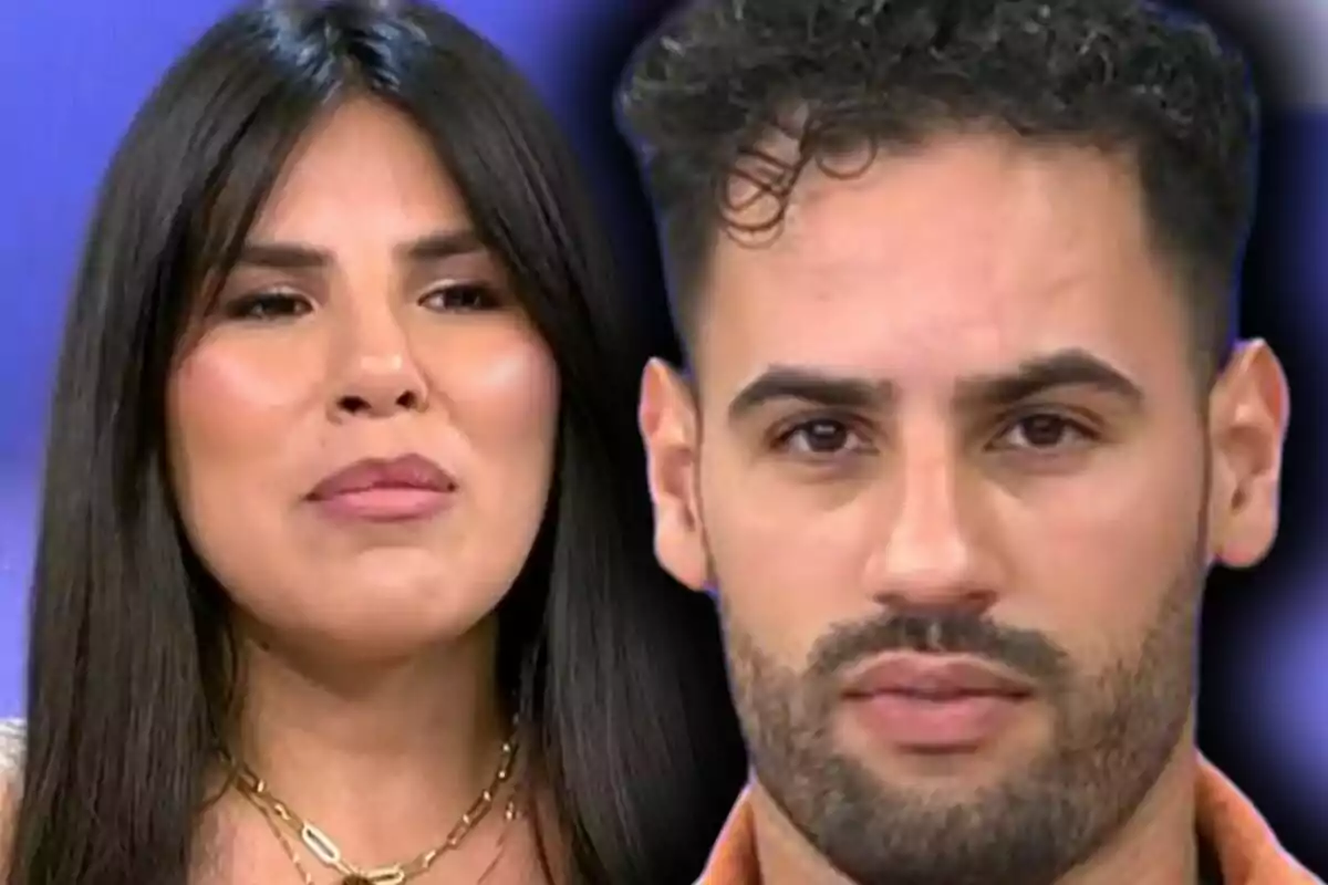 Montaje de fotos de primer plano de Isa Pantoja y Asraf Beno, ambos con expresiones serias en un fondo azul.