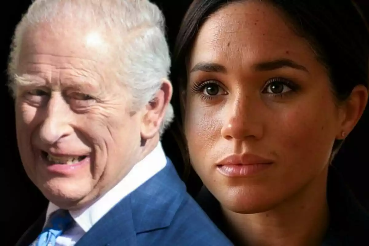 Montaje de fotos de primer plano de Carlos III y Meghan Markle, ambos con rostro serio.