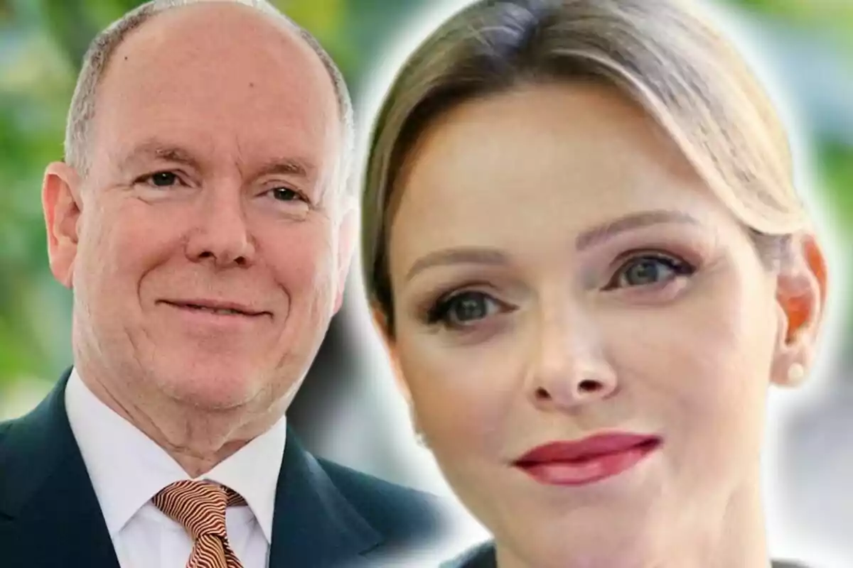 Montaje de fotos de primer plano de Alberto de Mónaco y su mujer, Charlene de Mónaco con fondo desenfocado.