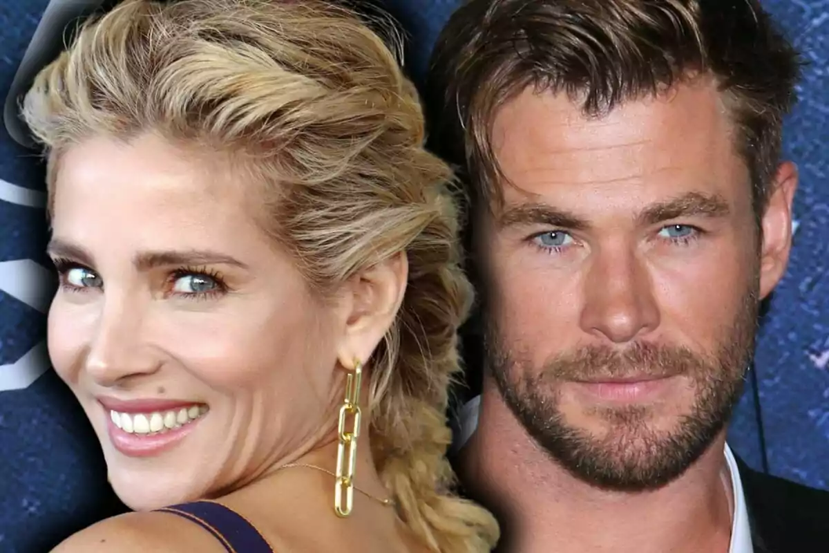 Montaje de fotos de primer plano de Elsa Pataky sonriente y Chris Hemsworth con el rostro serio.