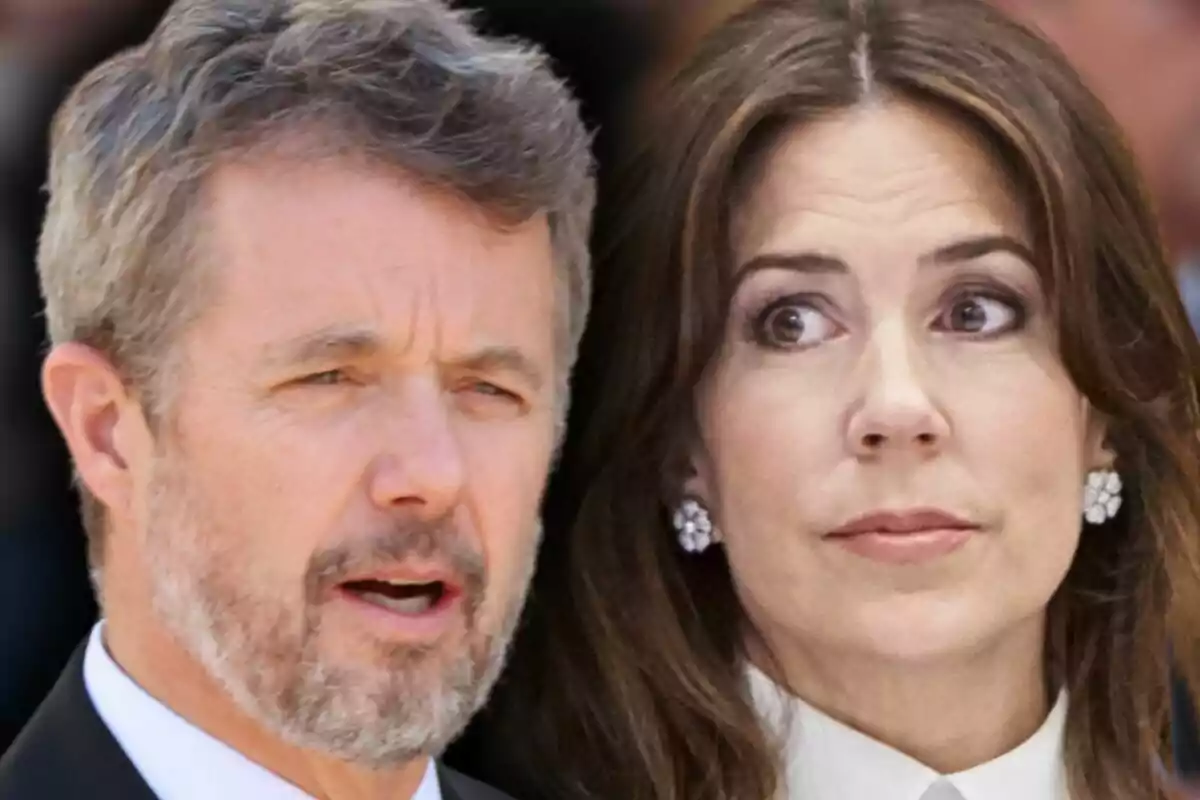 Close-up photo montage of Frederik of Denmark and Mary of Denmark, both with serious expressions.