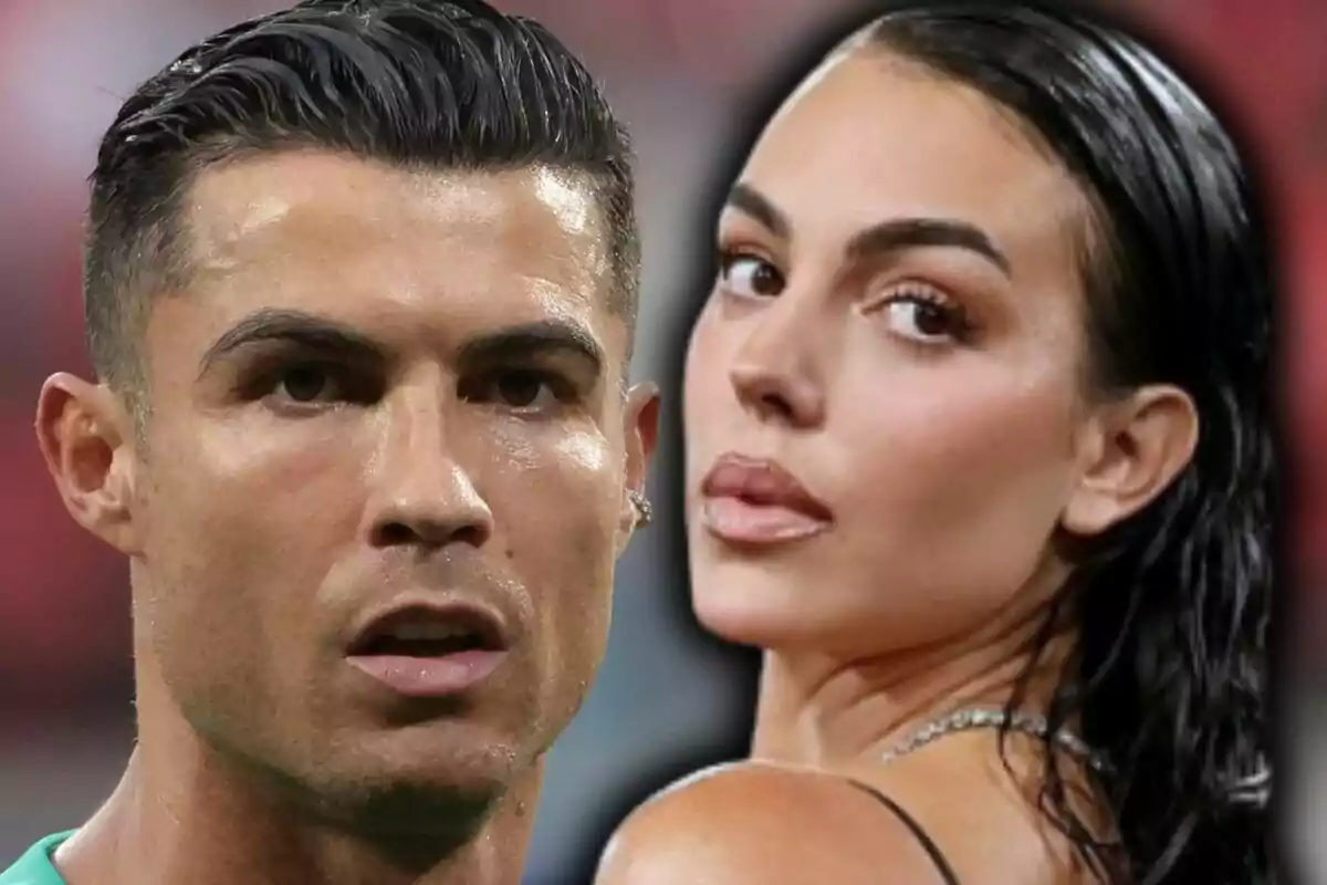 Close-up photo montage of Cristiano Ronaldo and Georgina Rodríguez, both looking at the camera with serious expressions.