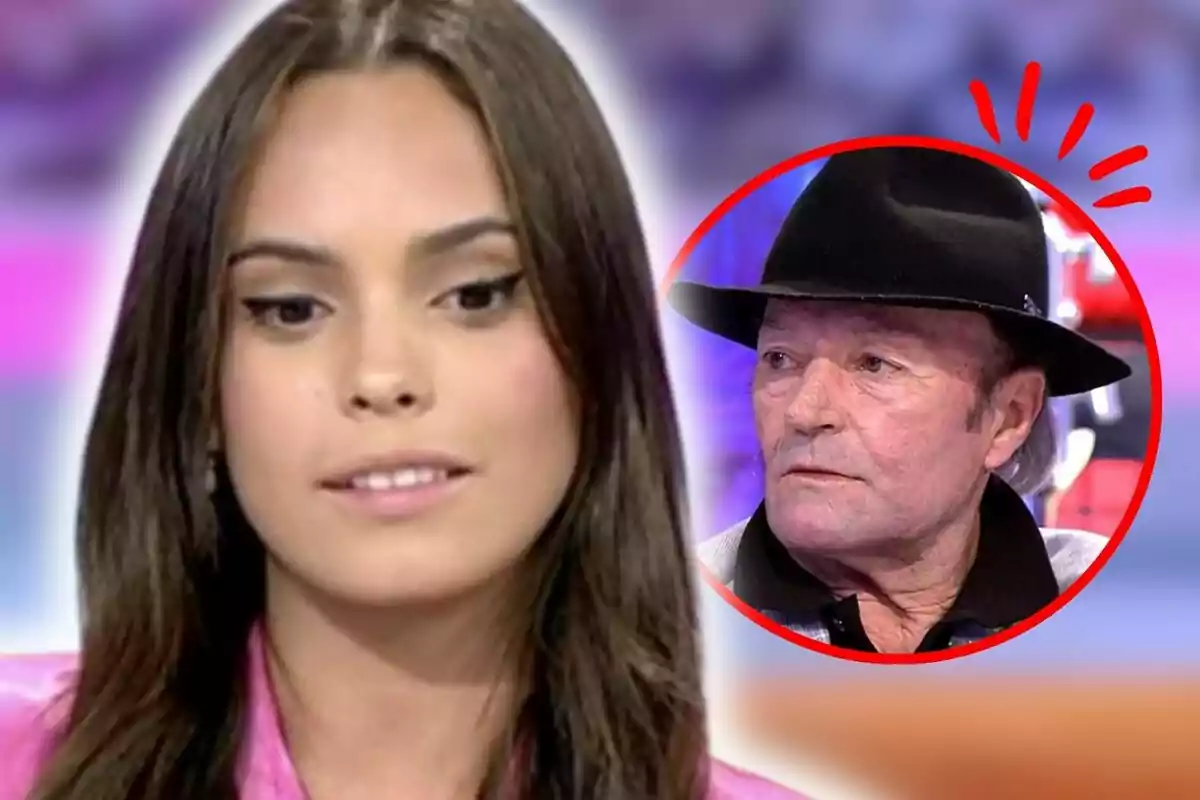 Gloria Camila Ortega aparece en primer plano, mientras que en un círculo rojo al fondo se muestra a Amador Mohedano con un sombrero negro.