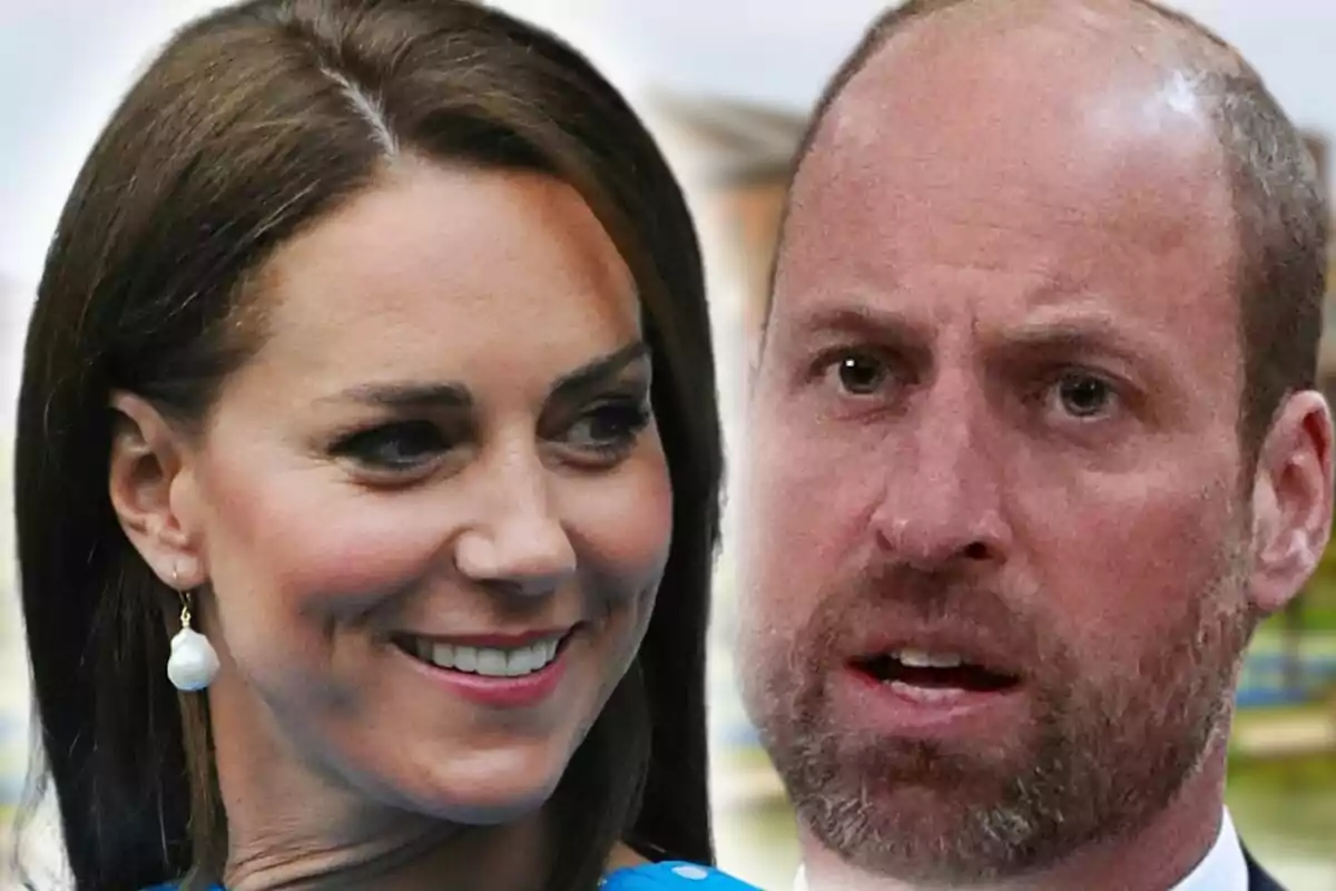 Montaje de fotos de primer plano de Kate Middleton sonriente y el príncipe Guillermo con el rostro serio.