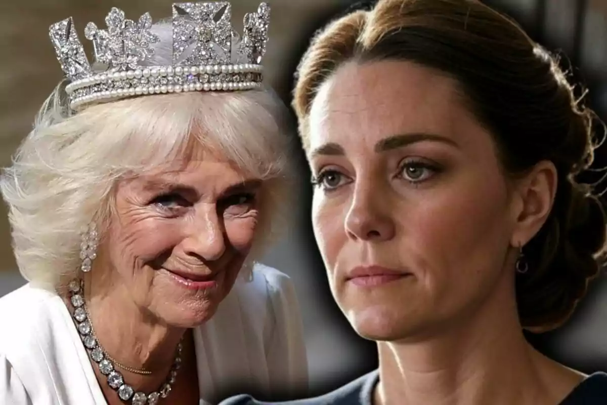 Close-up photo montage of a smiling Queen Camilla and a serious Kate Middleton.