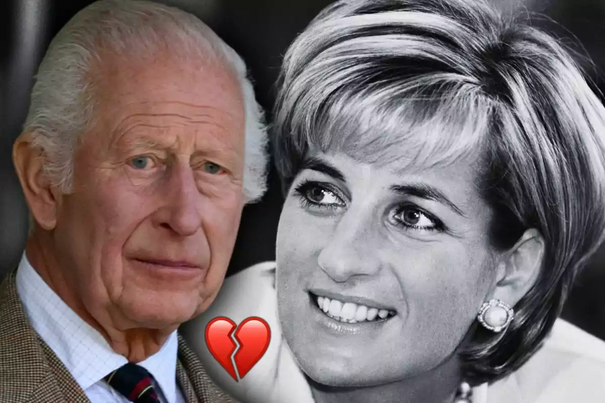 Close-up photo montage of a smiling Lady Di and King Charles III with a serious expression, both with a red heart emoji in the center.