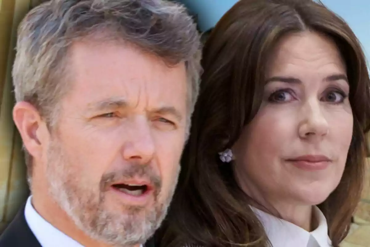 Close-up photo montage of Mary of Denmark and Frederik of Denmark, both with serious expressions.