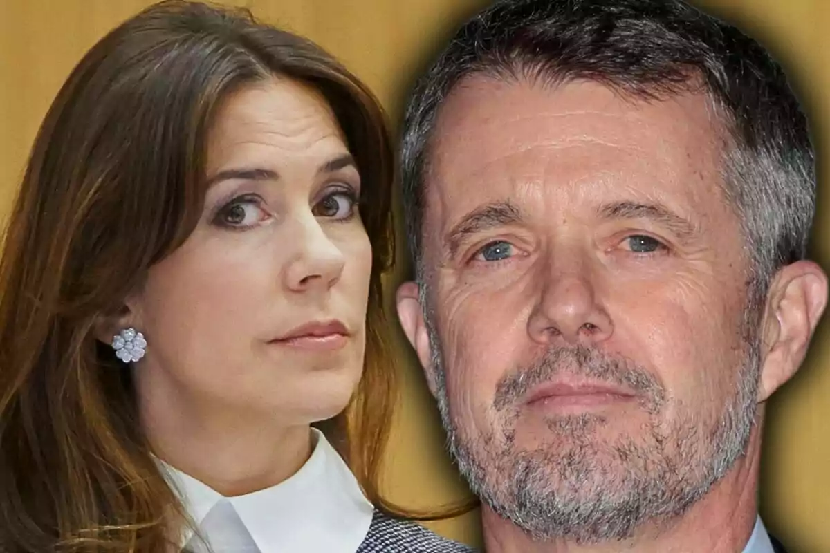 Montaje de fotos de Federico de Dinamarca y Mary de Dinamarca, ambos con expresiones serias.