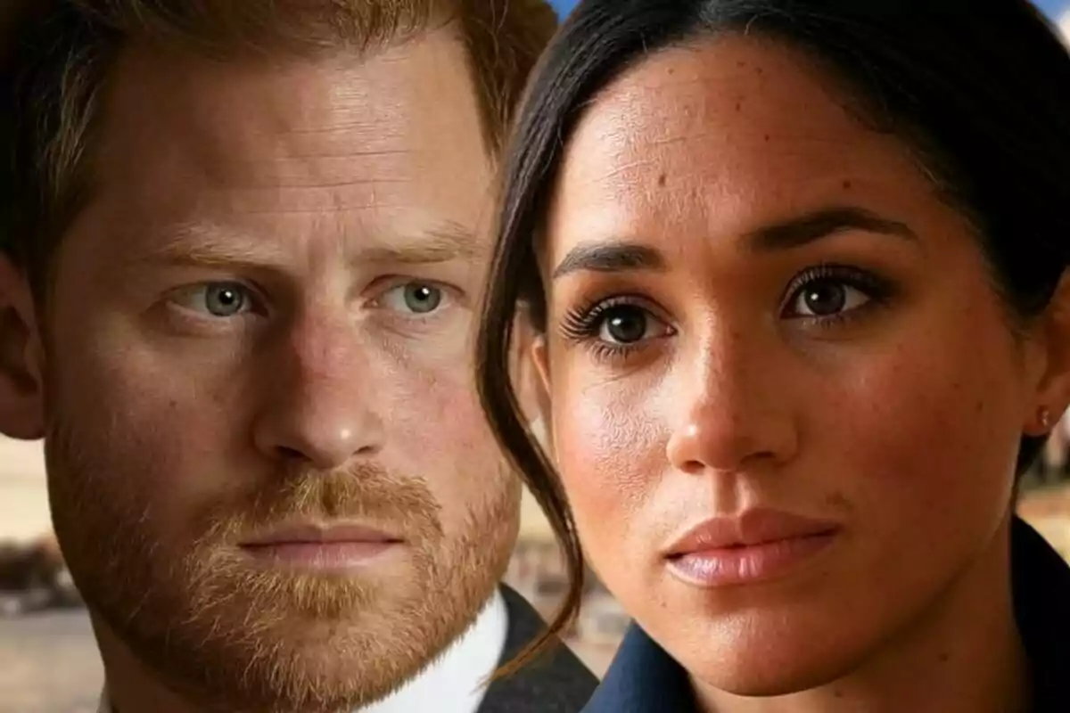 Close-up photo montage of Prince Harry and Meghan Markle, both with serious expressions.