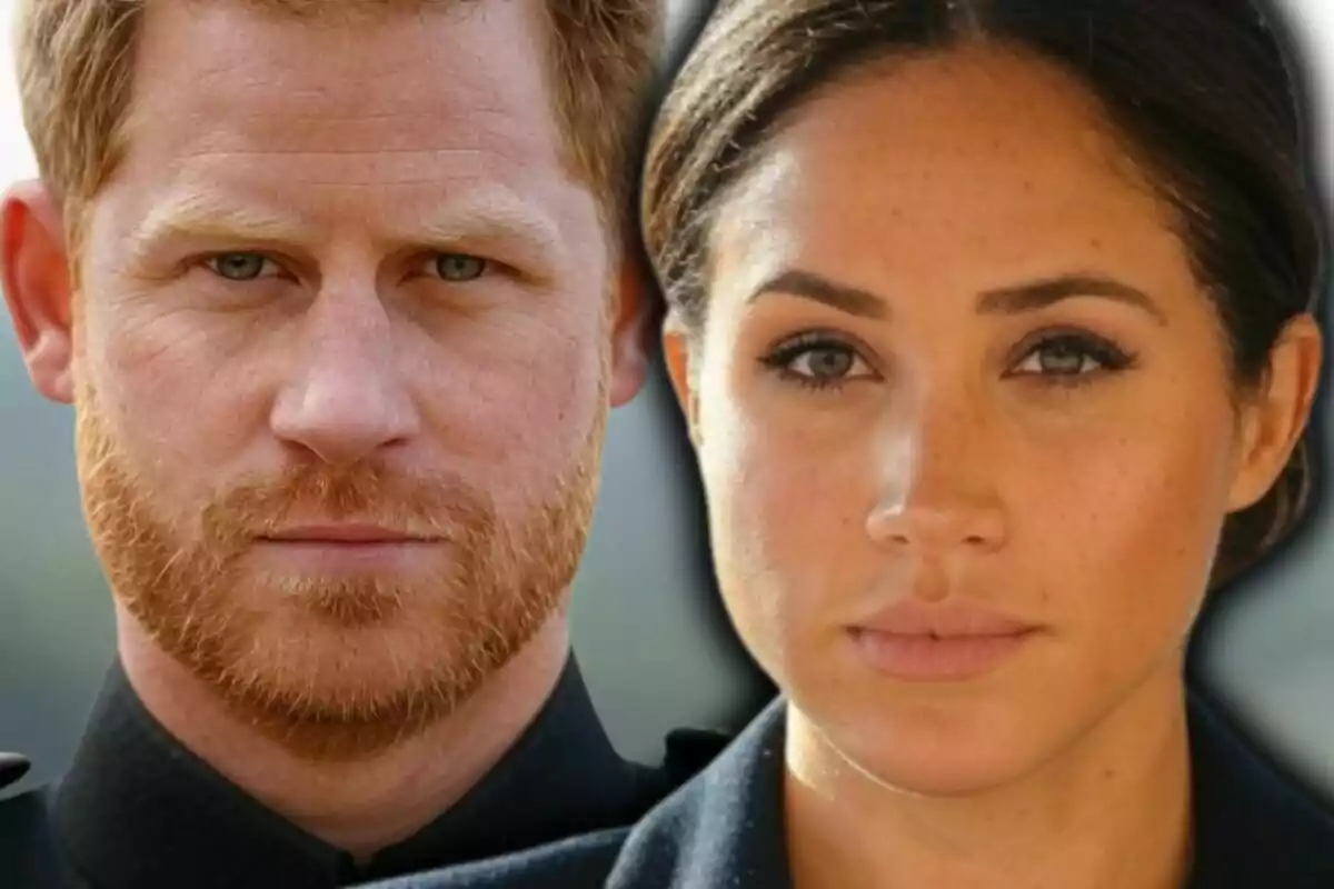 Close-up photo montage of Prince Harry and Meghan Markle, both with serious expressions.