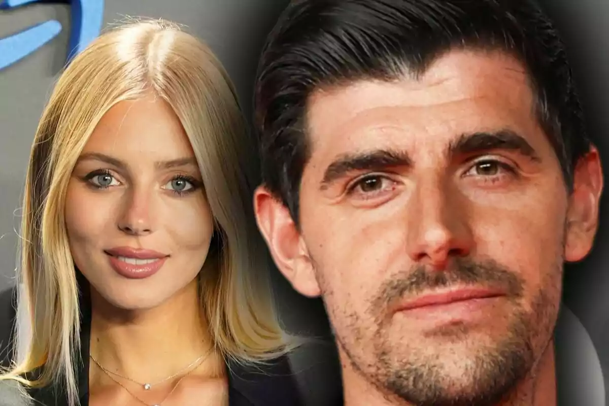 Montaje de fotos de primer plano de Mishel Gerzig y Thibaut Courtois con fondo difuminado.