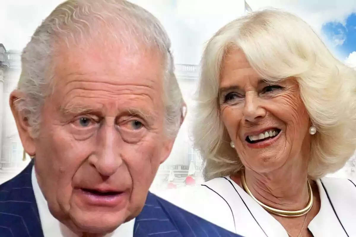 Montaje de fotos de primer plano de la reina Camilla Parker con rostro sonriente y el rey Carlos III con rostro serio.