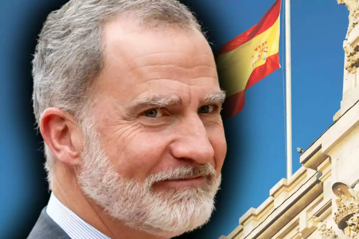 Close-up photo montage of King Felipe of Bourbon with a smiling face and, in the background, an image of the Spanish flag.