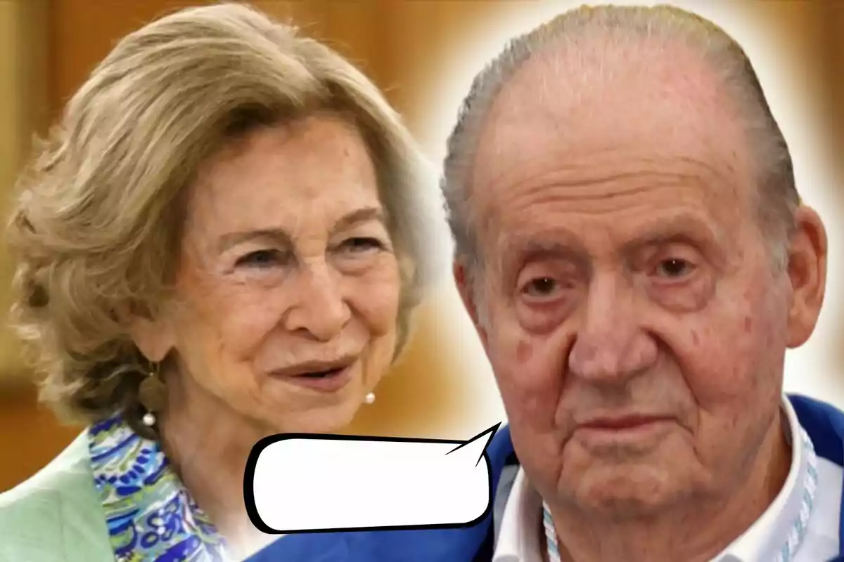 Montaje de fotos de primer plano del rey Juan Carlos I y la reina Sofía, con un globo de diálogo vacío frente a él.