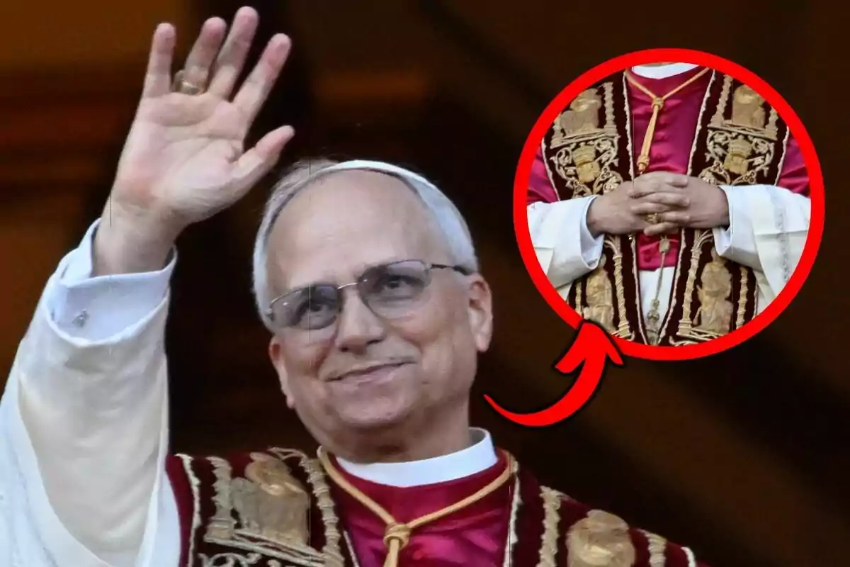 Photo montage of Pope Leo XIV with glasses and religious attire waving with a raised hand while a box highlights a detail of his outfit.