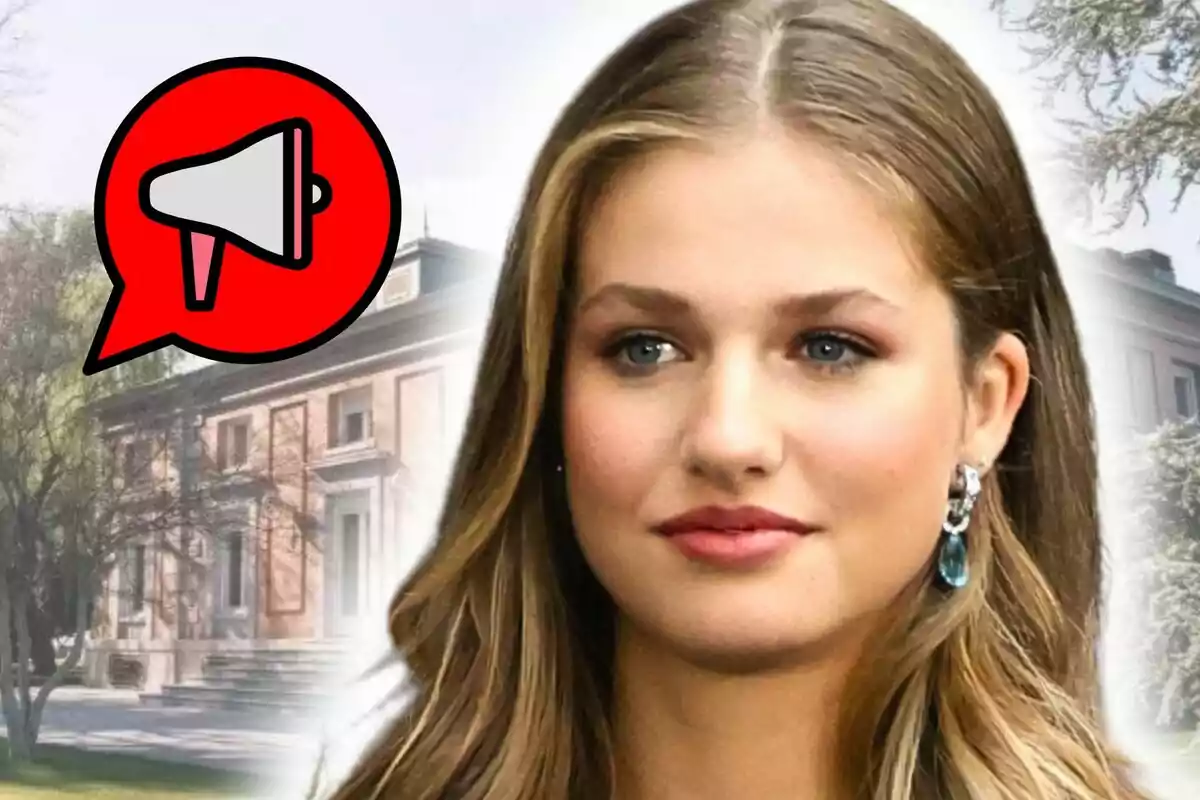Montaje de fotos de primer plano de Leonor de Borbón con pendientes elegantes frente al palacio de la Zarzuela y un emoji de un megáfono en un círculo rojo.