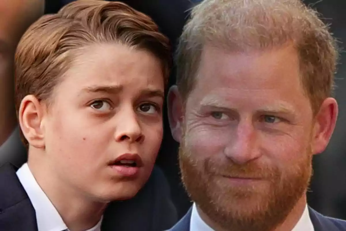 Montaje de fotos de primer plano del príncipe Harry y el príncipe George, ambos con rostros neutros.