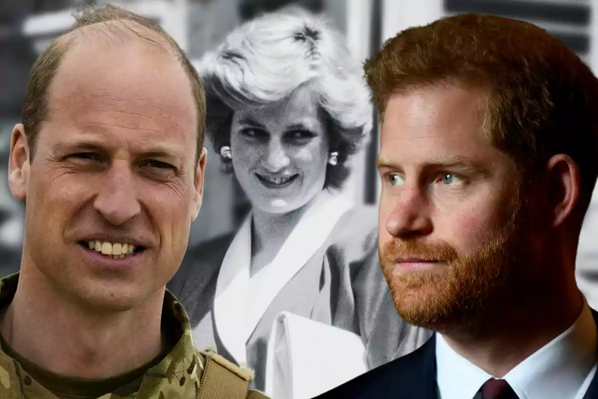 Close-up photo montage of Prince Harry, Prince William, and Lady Di in the background.