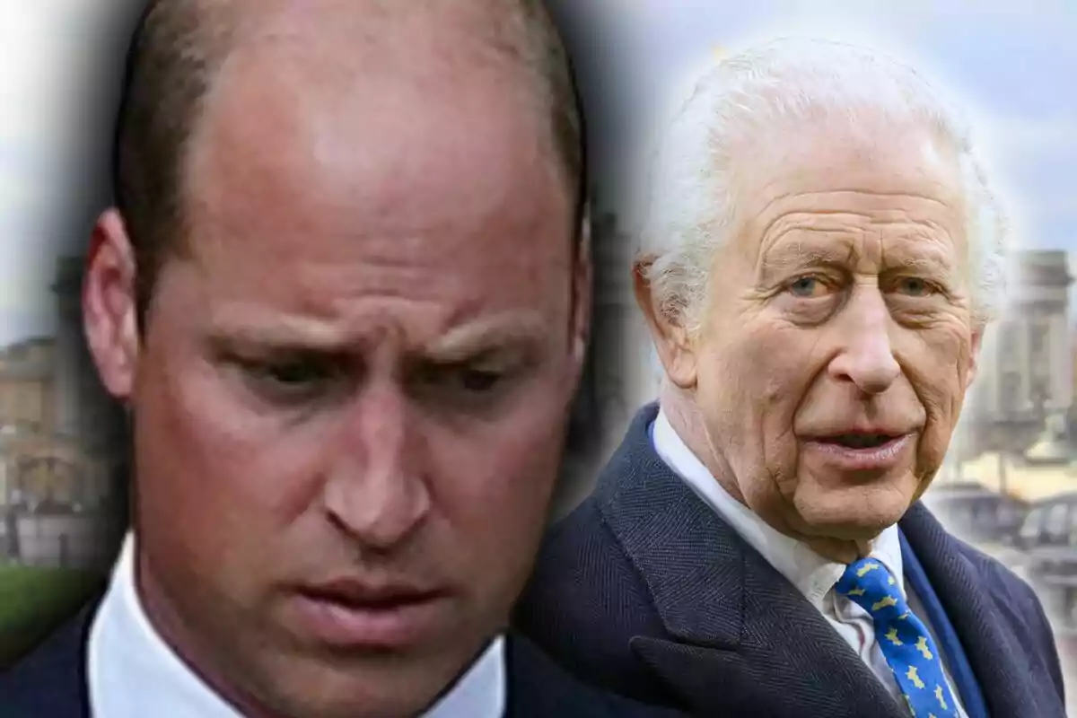 Close-up photo montage of Prince William with a sad expression and his father, King Charles III, with a neutral expression.