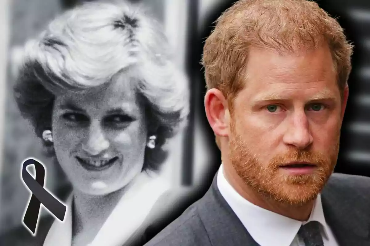 Montaje de fotos de una imagen de Lady Di en blanco y negro con un crespón negro y otra imagen del príncipe Harry con barba y traje. Montaje de fotos de una imagen de Lady Di en blanco y negro con un crespón negro y otra imagen del príncipe Harry con barba y traje.