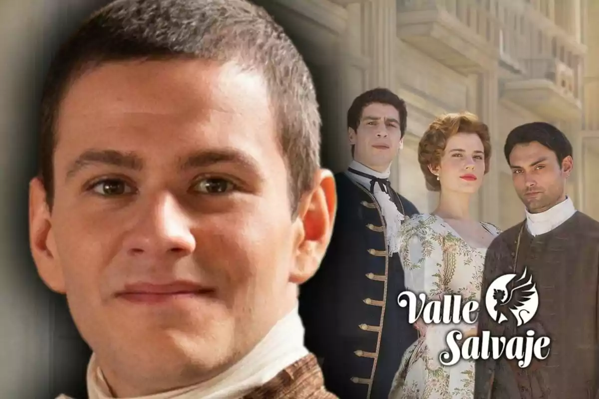 Primer plano de Rafa Álamos con expresión neutra y al fondo tres personas vestidas con ropa de época junto al logo de 'Valle Salvaje'.