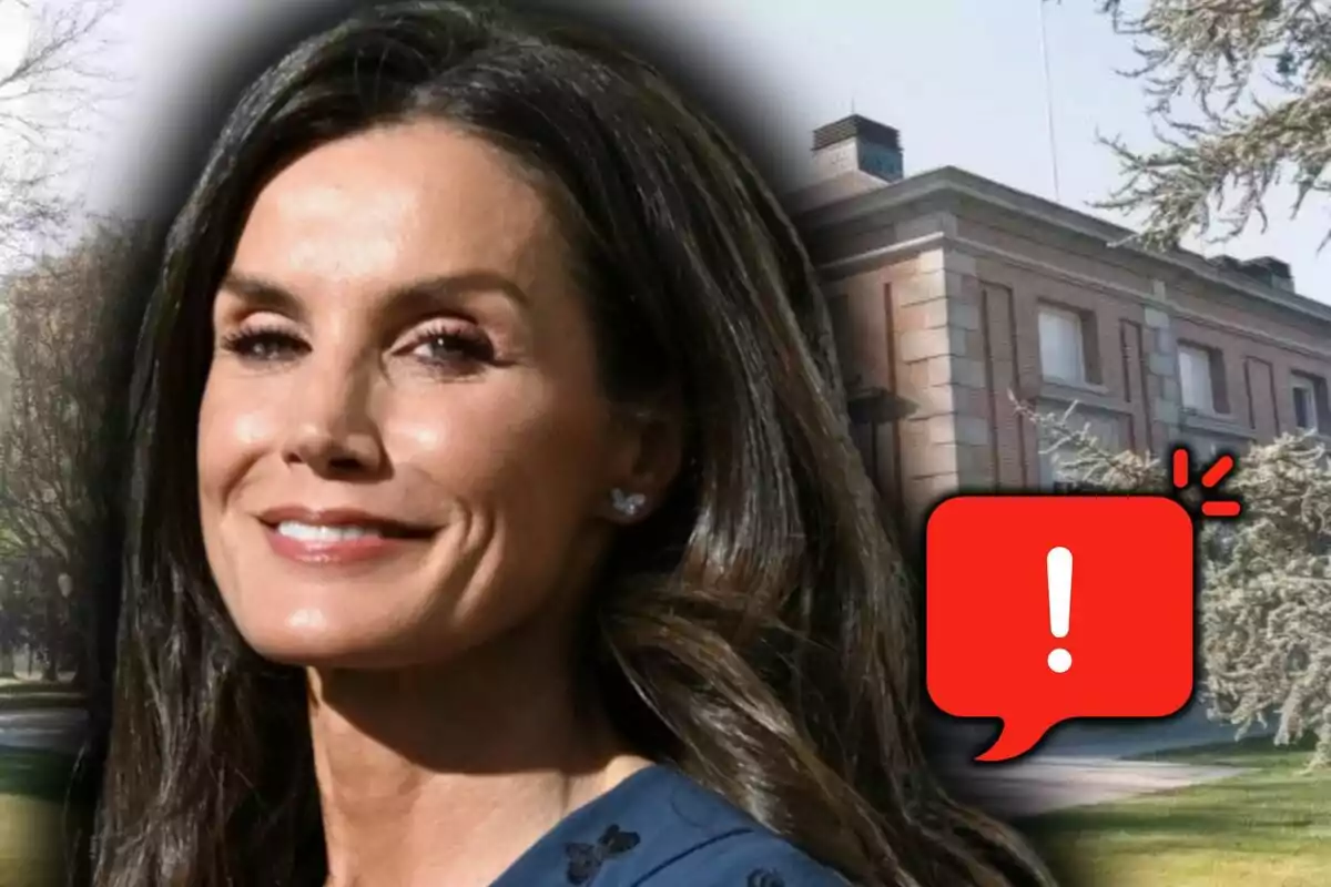 Montaje de fotos de primer plano de la reina Letizia sonriente y, de fondo, un plano general del palacio de la Zarzuela.
