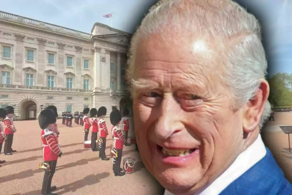Close-up photo montage of King Charles III with a wide shot of Buckingham Palace in the background.