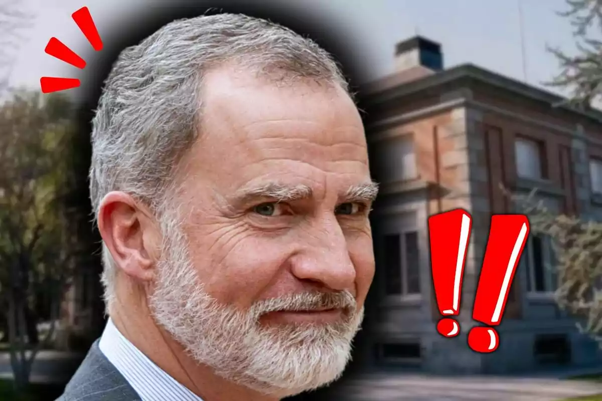 Montaje de fotos del rey Felipe de Borbón sonriendo ligeramente frente a una imagen de Zarzuela con signos de exclamación rojos alrededor.
