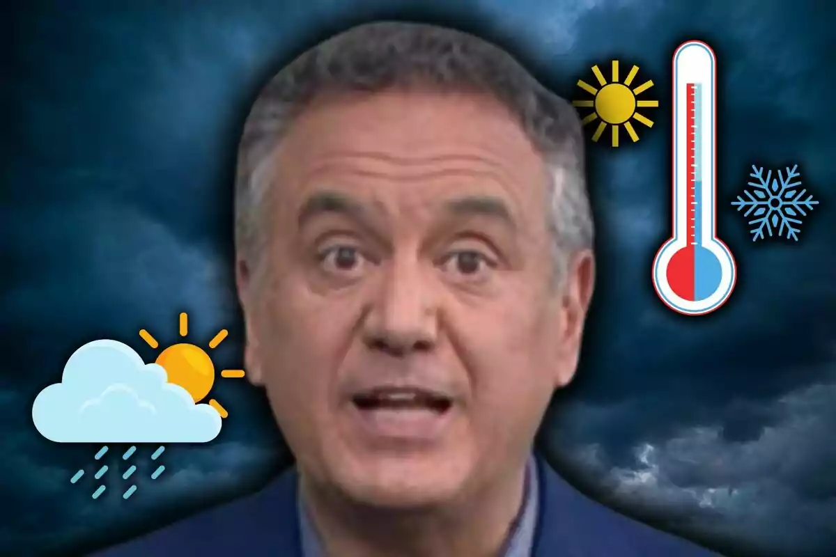 Photo montage of Roberto Brasero talking about the weather with icons of sun, rain, and a thermometer on a background of dark clouds.