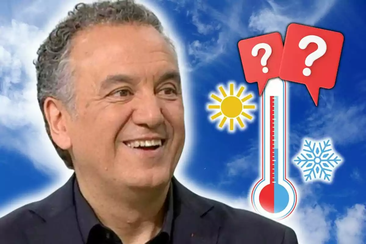 Primer plano de Roberto Brasero sonriendo con fondo de cielo azul, un sol, un termómetro y un copo de nieve.