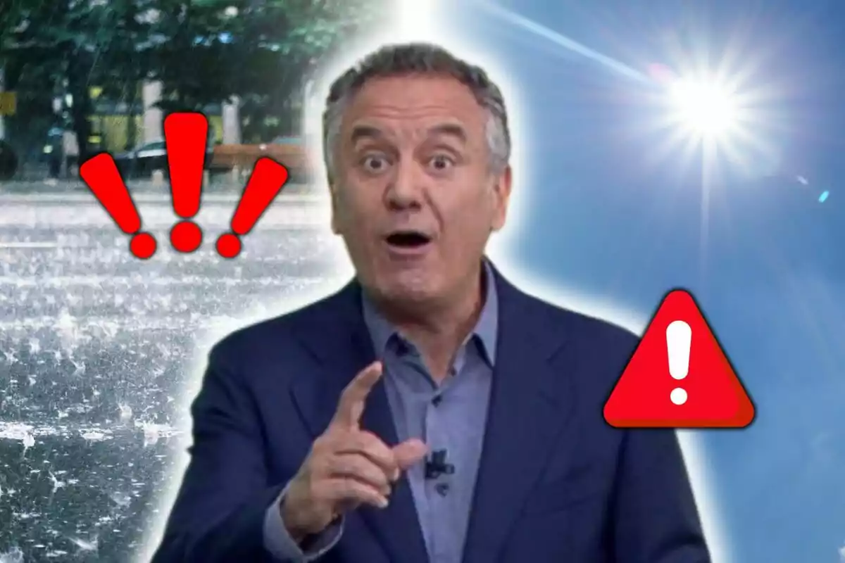 Montaje de fotos de Roberto Brasero con expresión de sorpresa al centro, fondo dividido entre lluvia intensa y sol brillante, con símbolos de advertencia y exclamación en rojo.