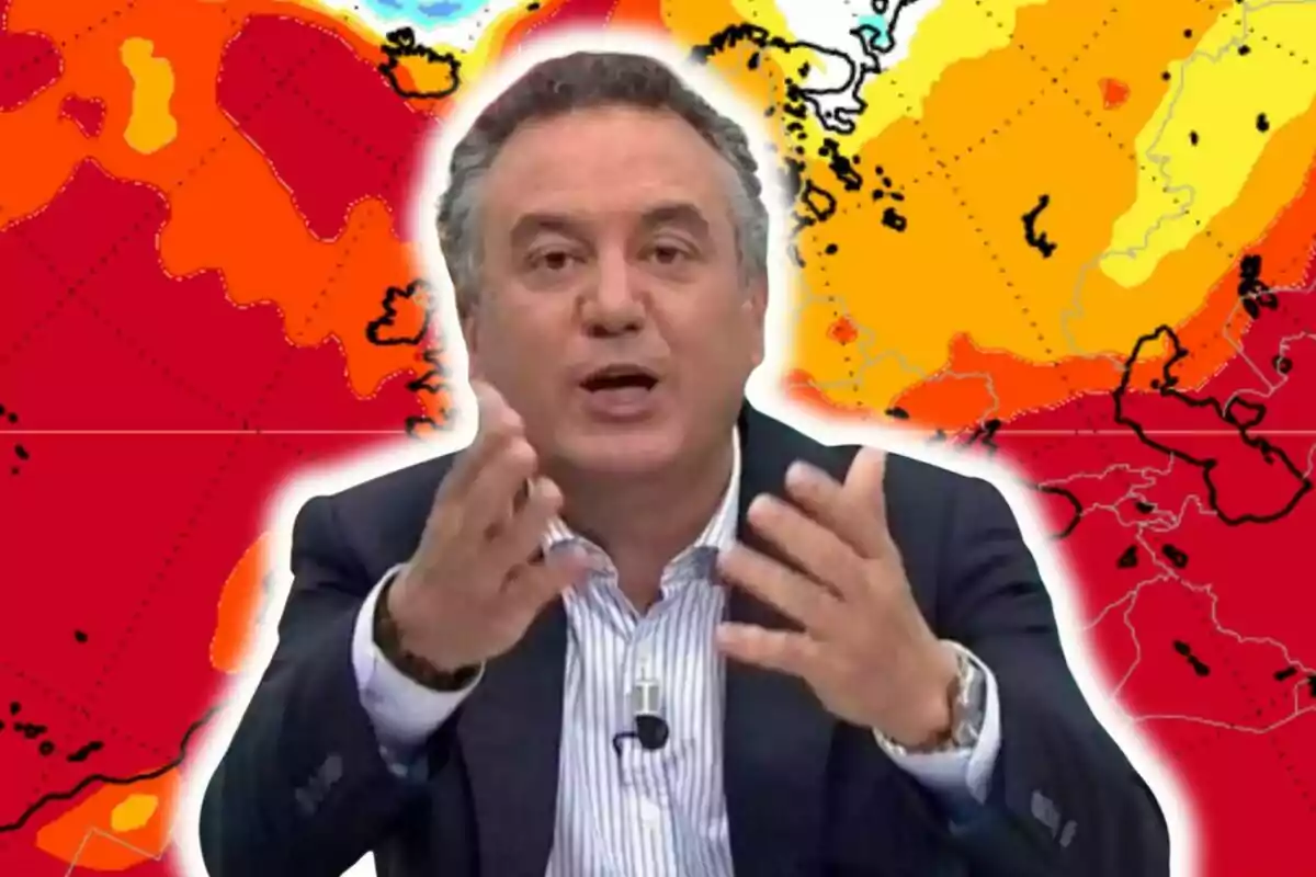 Plano corto de Roberto Braserio con rostro serio gesticulando con las manos frente a un mapa de calor en tonos rojos y naranjas.