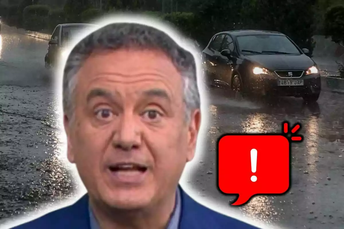 Photo montage of Roberto Brasero with a serious face in the foreground and a background of cars driving in the rain with a red warning icon.