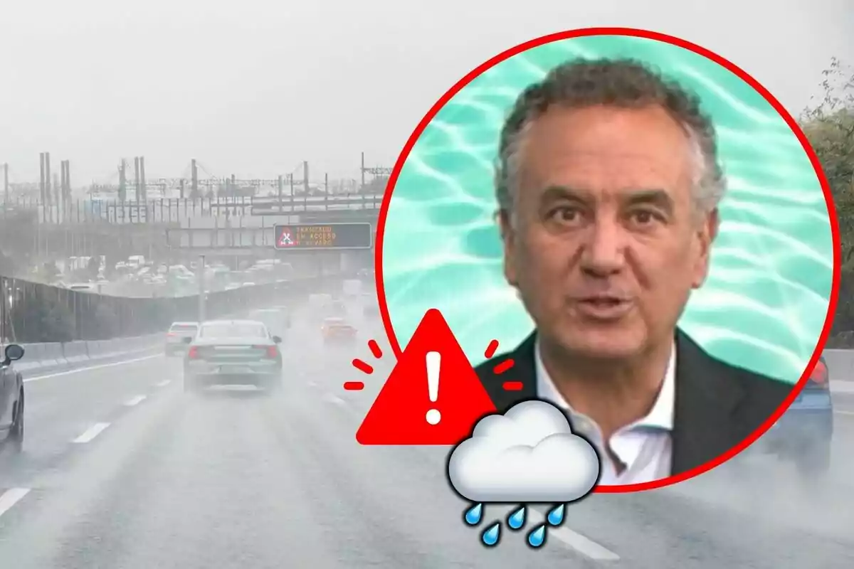 Roberto Brasero en un círculo rojo con un fondo de agua, un icono de advertencia y un icono de nube con lluvia, superpuesto a una imagen de una carretera mojada con tráfico y un cartel de advertencia.