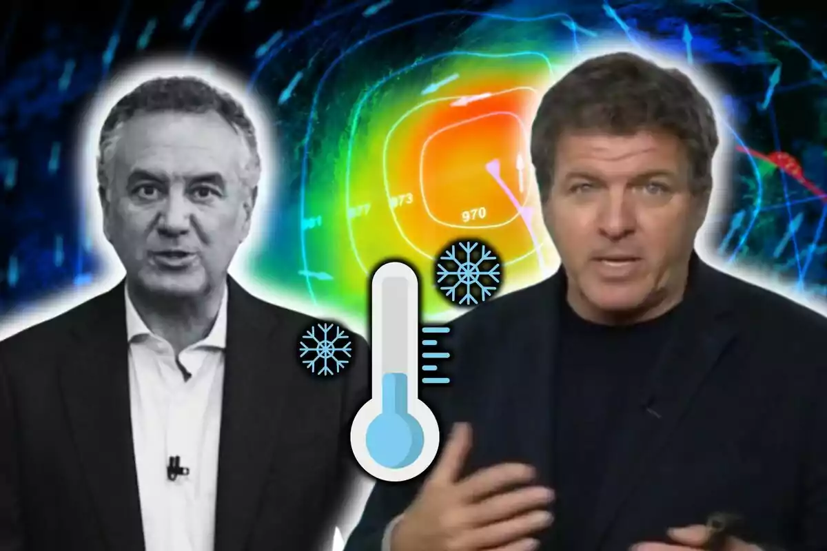 Mario Picazo y Roberto Brasero hablando sobre el clima con un fondo de mapa meteorológico y un icono de termómetro con copos de nieve.