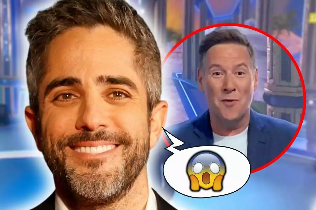 Roberto Leal sonriente en primer plano con barba y cabello corto, y en el fondo, dentro de un círculo rojo, Carlos Latre con expresión de sorpresa acompañado de un emoji de cara asombrada en un globo de diálogo.