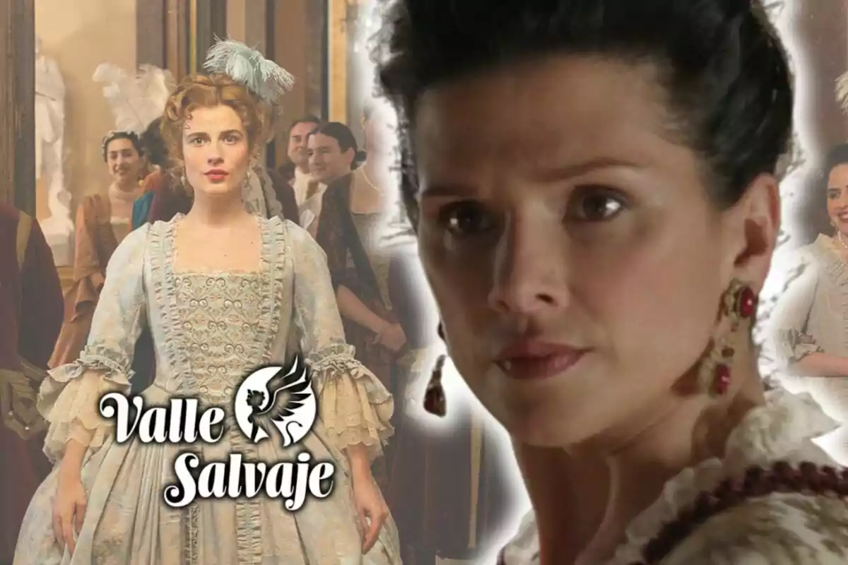 Promotional image for the series "Valle Salvaje" showing two female characters in period clothing and, in the foreground, a photo of the actress Sabela Arán with a serious face.