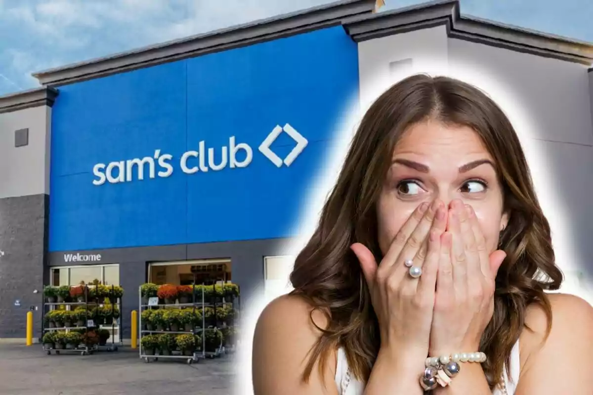 A woman surprised with her hands over her mouth is superimposed in front of the facade of a Sam's Club store.