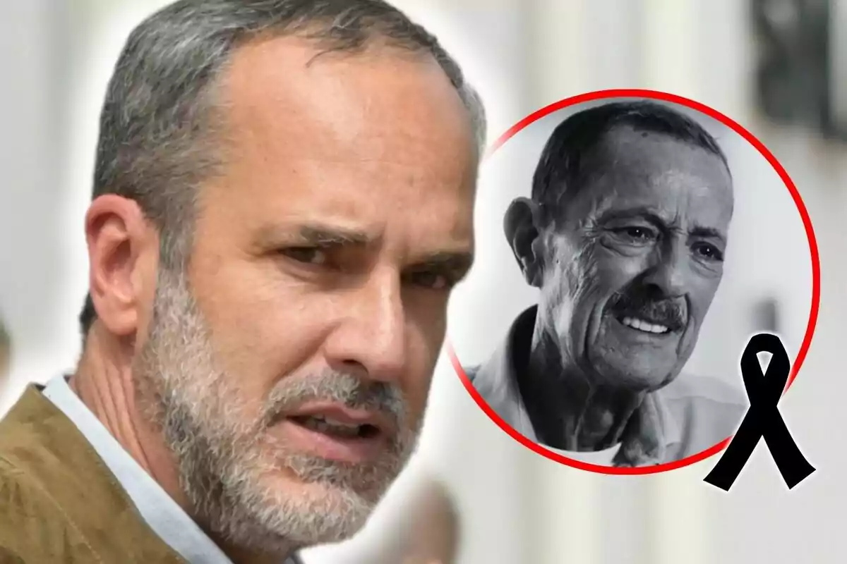 Montaje de fotos de primer plano de Julián Muñoz en blanco y negro con un crespón al lado en señal de luto y, al lado, un primer plano de Santi Acosta también con rostro serio.