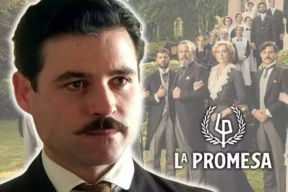 Arturo Sancho con bigote aparece en primer plano, mientras que en el fondo se ve un grupo de personas vestidas de época, con el título "La Promesa" y un logotipo.