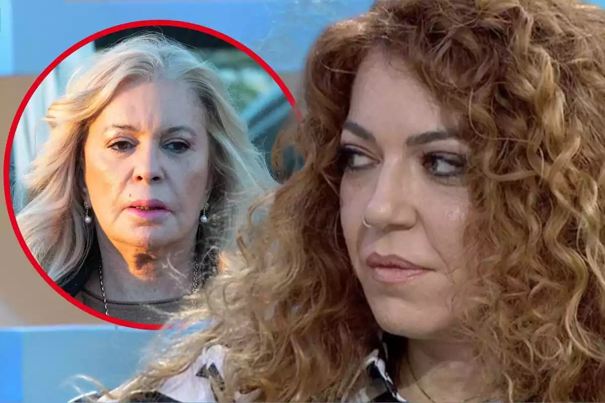 Montaje de fotos de Sofía Cristo, sentada en el plató del programa 'Espejo Público' con rostro muy serio, y al lado, una imagen de su madre, Bárbara Rey, también con rostro muy serio