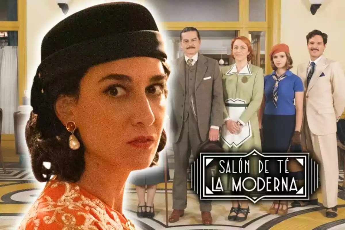 Imagen promocional de la serie "Salón de Té La Moderna" mostrando a varios personajes en un entorno de época y, en primer plano, imagen de la actriz de la serie Stéphanie Magnin.