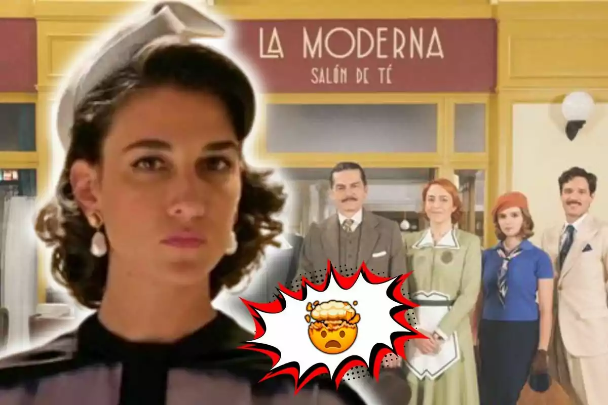 Montaje de fotos del elenco de 'La Moderna', una serie de época de RTVE, posando frente a un salón de té y en primer plano una imagen de la actriz Stephanie Magnin.