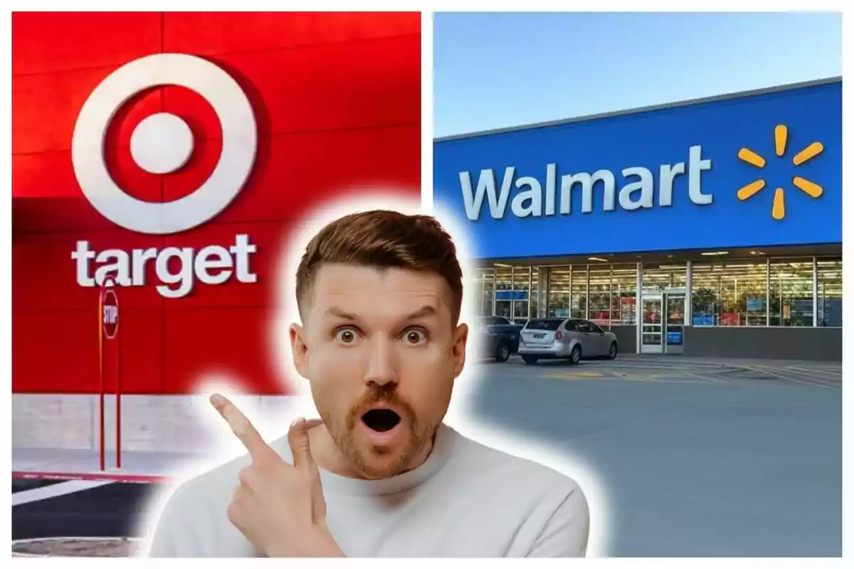 A surprised man points toward the Target and Walmart logos.