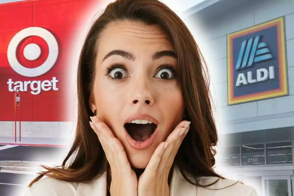 A woman with a surprised expression appears in the foreground, while in the background the logos of Target and Aldi stores can be seen.