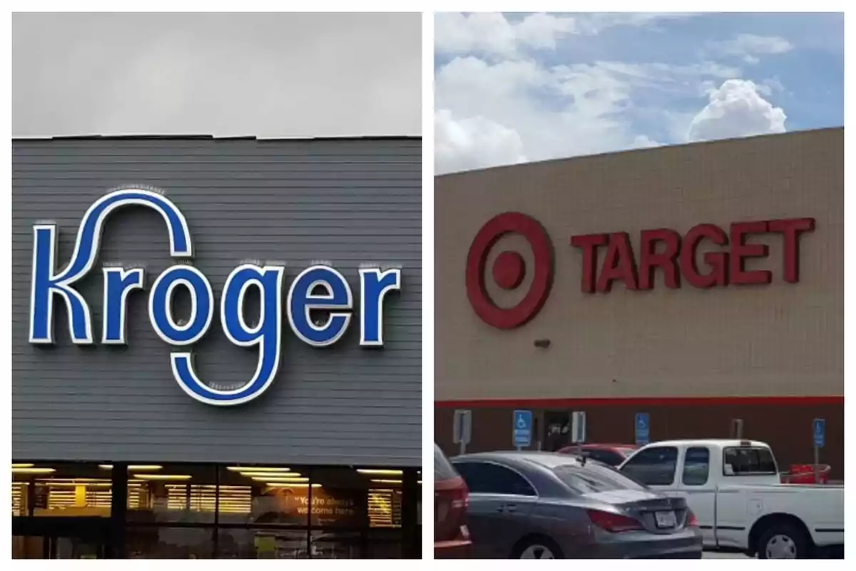 Dos fachadas de tiendas, una de Kroger y otra de Target, con sus respectivos logotipos visibles. Dos fachadas de tiendas, una de Kroger y otra de Target, con sus respectivos logotipos visibles.