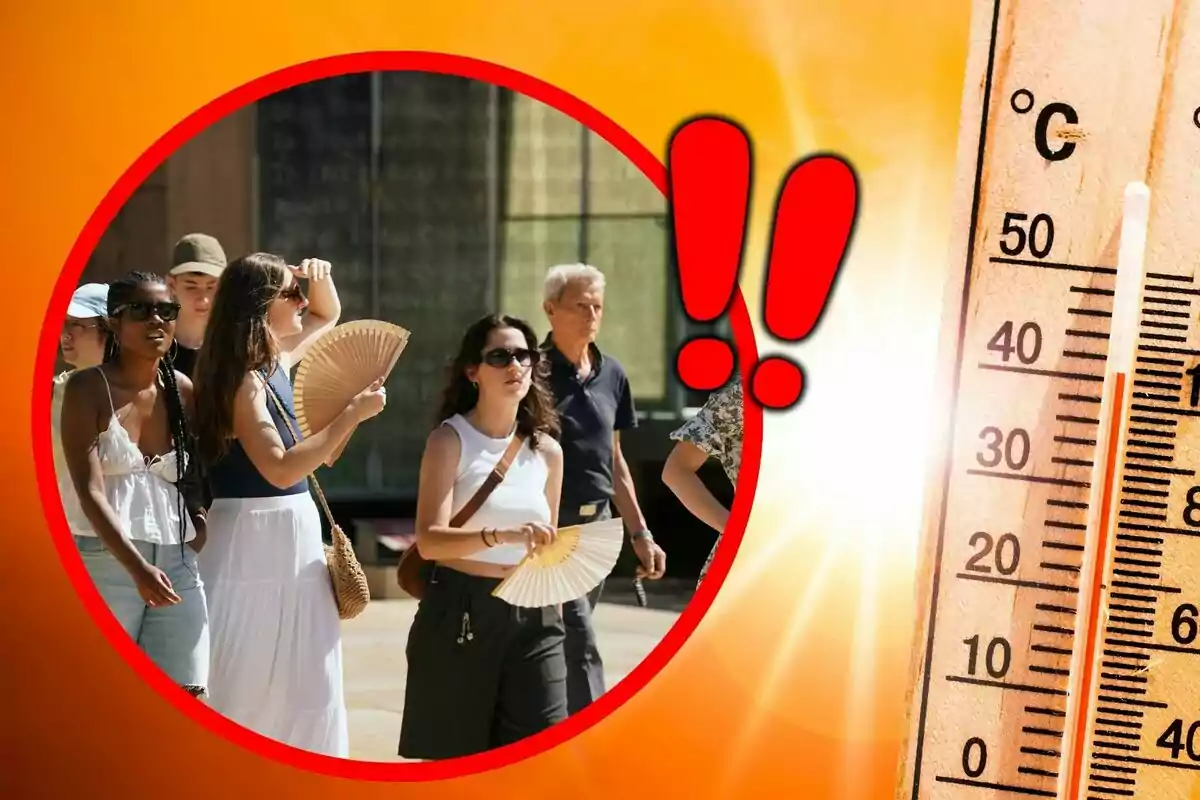 Personas caminando bajo el sol usando abanicos para refrescarse junto a un termómetro que marca altas temperaturas y dos signos de exclamación rojos indicando alerta por calor. Personas caminando bajo el sol usando abanicos para refrescarse junto a un termómetro que marca altas temperaturas y dos signos de exclamación rojos indicando alerta por calor.
