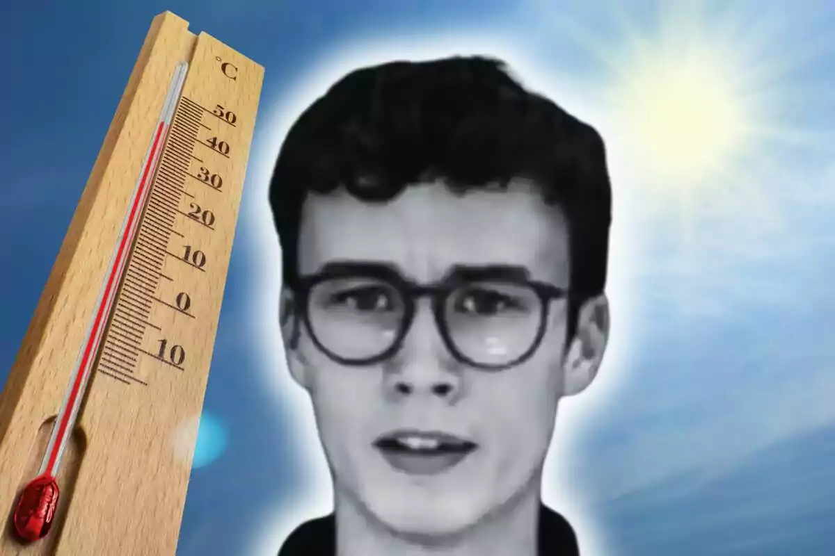 Termómetro marcando alta temperatura junto a una imagen de Jorge Rey con expresión preocupada y el sol brillando en el cielo azul.