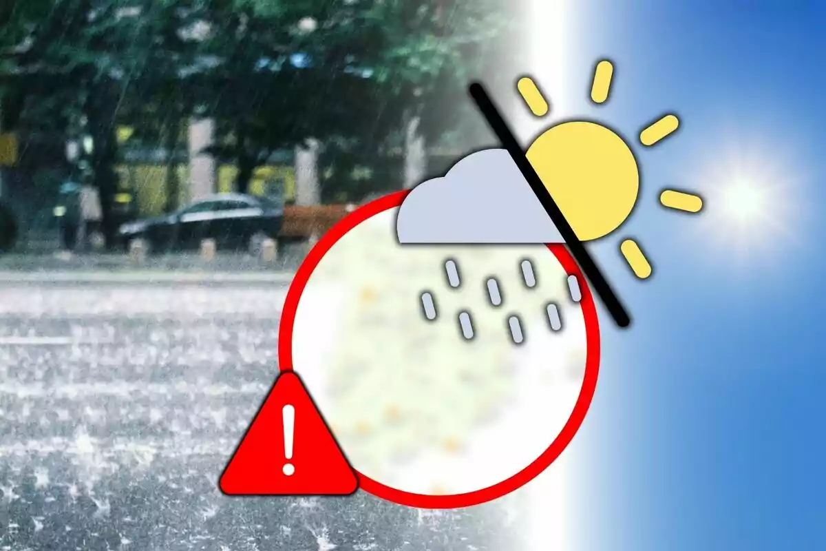 Imagen que muestra un contraste entre clima lluvioso y soleado con un símbolo de advertencia en primer plano.