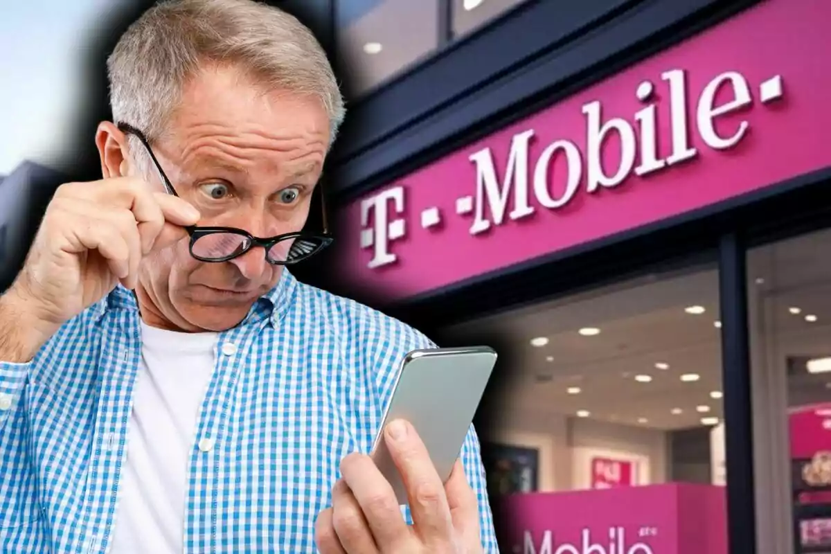 Older man with a surprised expression looking at his cellphone in front of a T-Mobile store.
